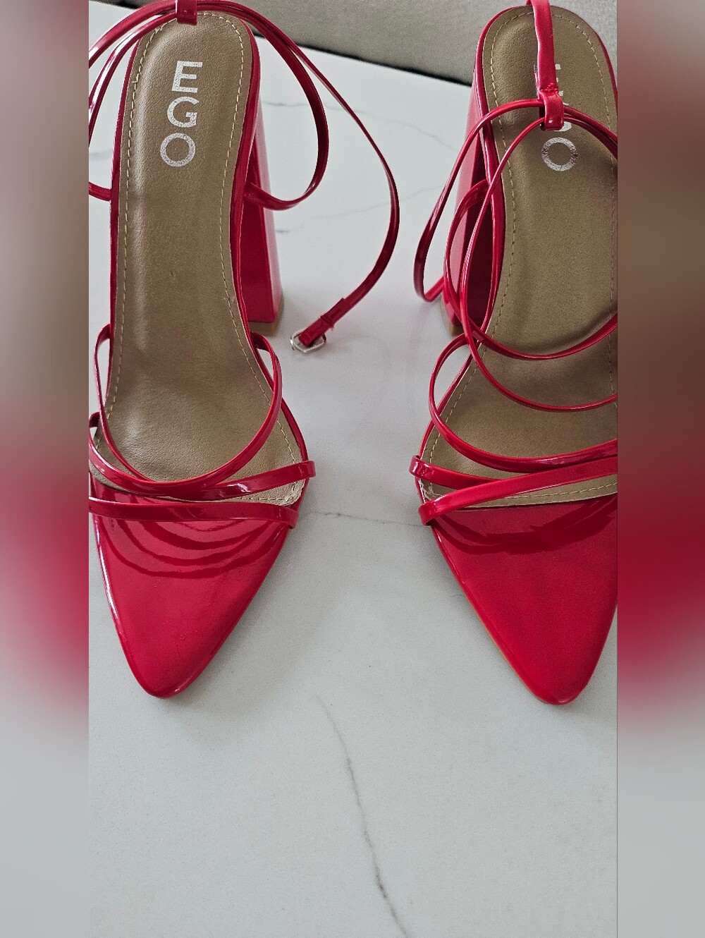 EGO Red Patent Pointed Toe Lace-Up Block Heels